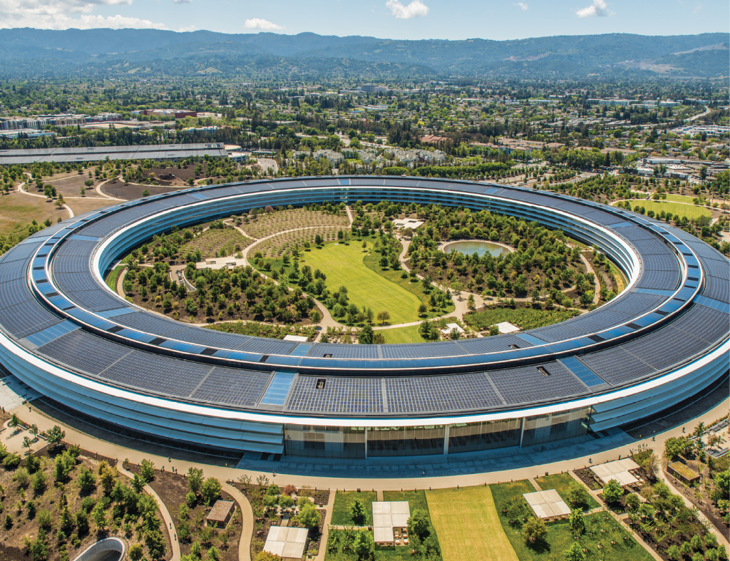 O Apple Park, sede da empresa, em Cupertino, Califórnia: área equivalente à de 70 campos de futebol, e 260 mil metros quadrados de área construída.