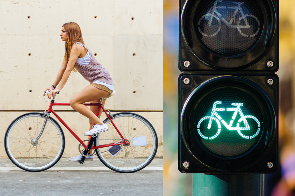 Foto colagem, moça andando de bike e semáforo para bicicletas
