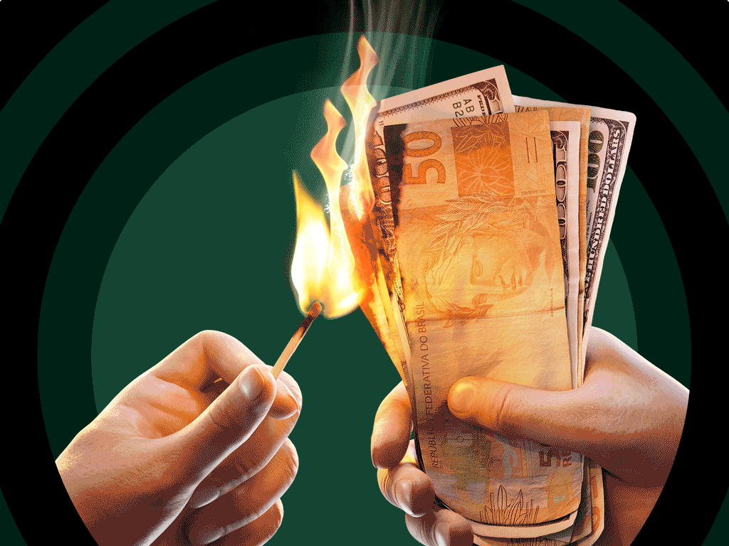 Imagem de capa em movimento, com mãos acendendo um fósforo e colocando fogo em notas de dinheiro.