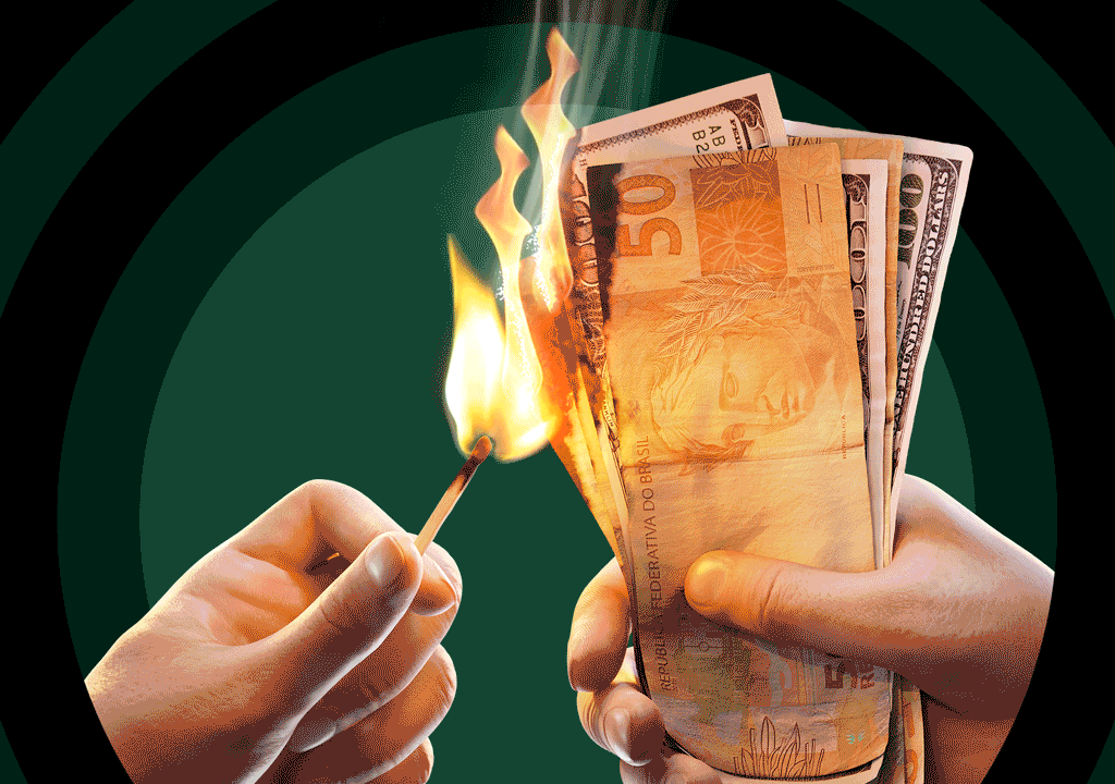 Imagem de capa em movimento, com mãos acendendo um fósforo e colocando fogo em notas de dinheiro.