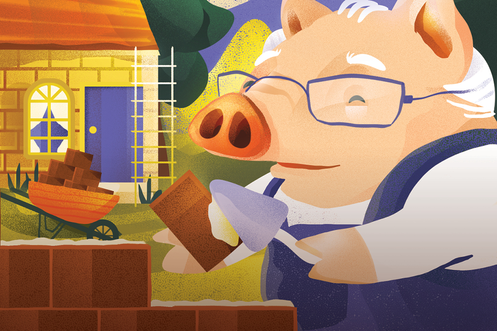 ilustração de um porquinho que lembra Warren Buffett construindo uma casa de tijolos, inspirado nos três porquinhos.