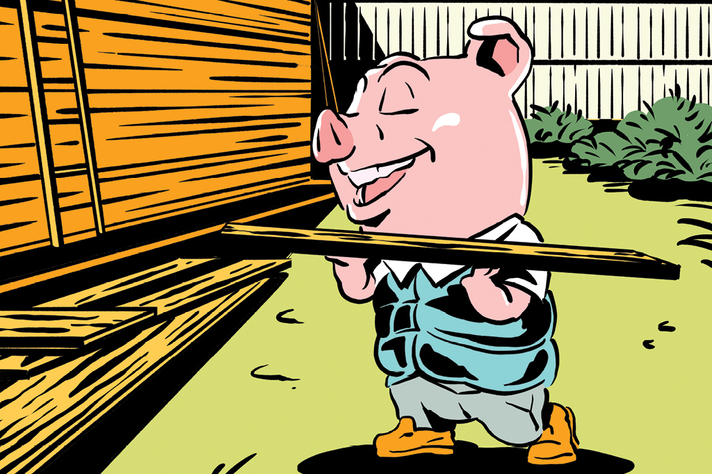 ilustração de porquinho construindo uma casa de madeira