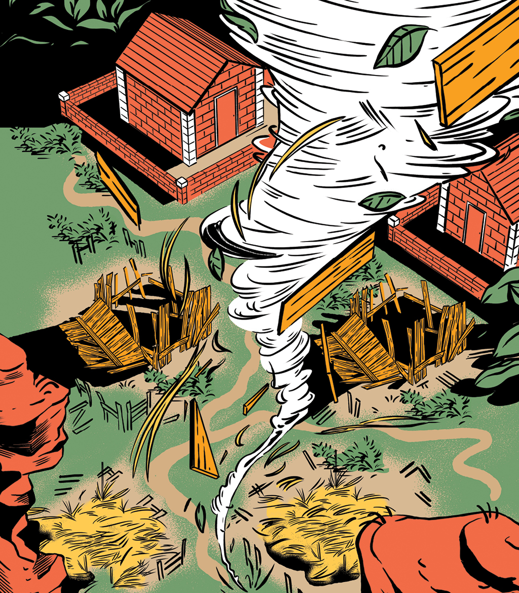 ilustração de um tornado na vila dos três porquinhos. Só casas de alvenaria ficam em pé