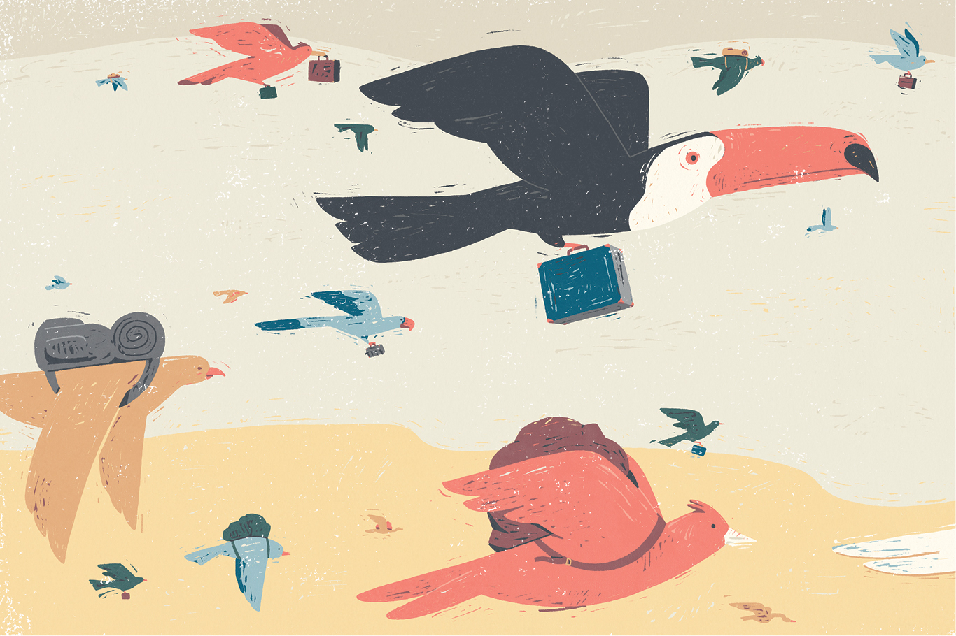 Ilustração de aves brasileiras com malas e mochilas migrando