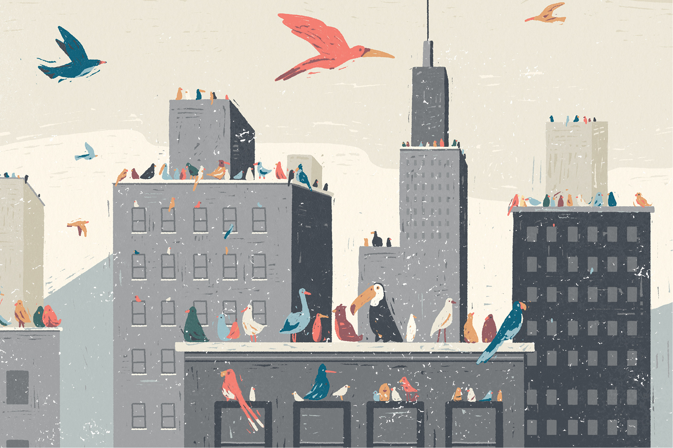 Ilustração do skyline de Nova York com pássaros brasileiros