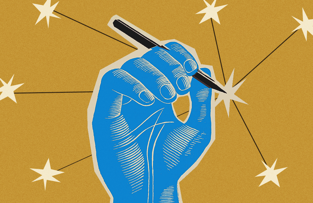 Colagem com desenhos de uma mao azul, segurando uma caneta, conectando varias estrelas brancas.