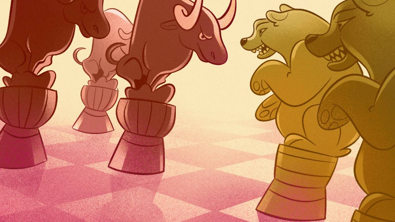Ilustração de um tabuleiro de xadrez em que as peças são touros e ursos, se enfrentando.