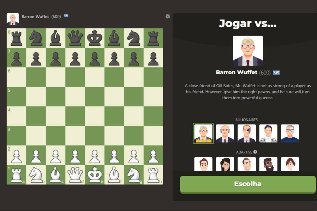 Printscreen da interface do aplicativo de xadrez online Chess.com mostrando o robô que representa o personagem Warren Buffett.