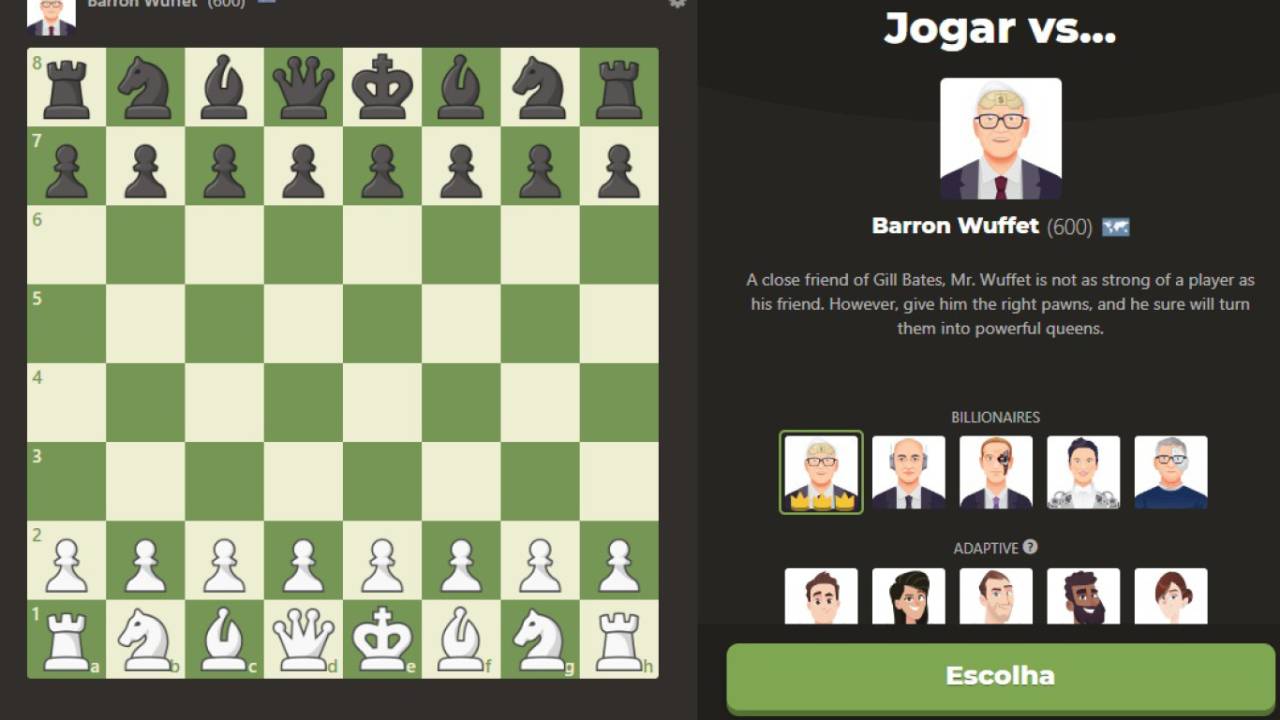 Printscreen da interface do aplicativo de xadrez online Chess.com mostrando o robô que representa o personagem Warren Buffett.