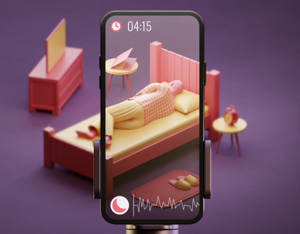 Ilustração de pessoa deitada na cama enquanto celular registra seus batimentos cardíacos