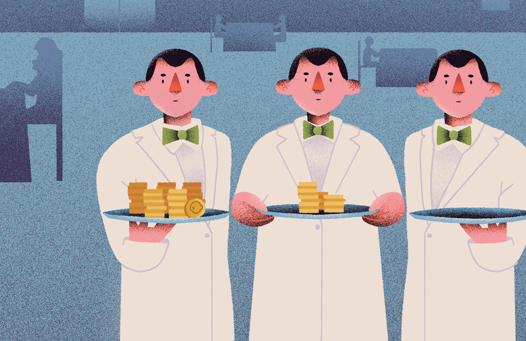Ilustração de três garçons segurando bandejas, cada uma quantia de moedas em cima.