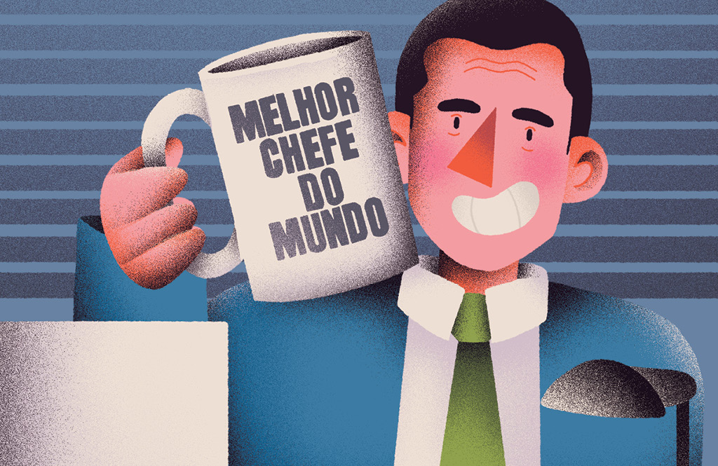 Ilustração de um chefe com uma xícara escrito “melhor chefe do mundo”, com referência a Michael Scott, personagem da série The Office.