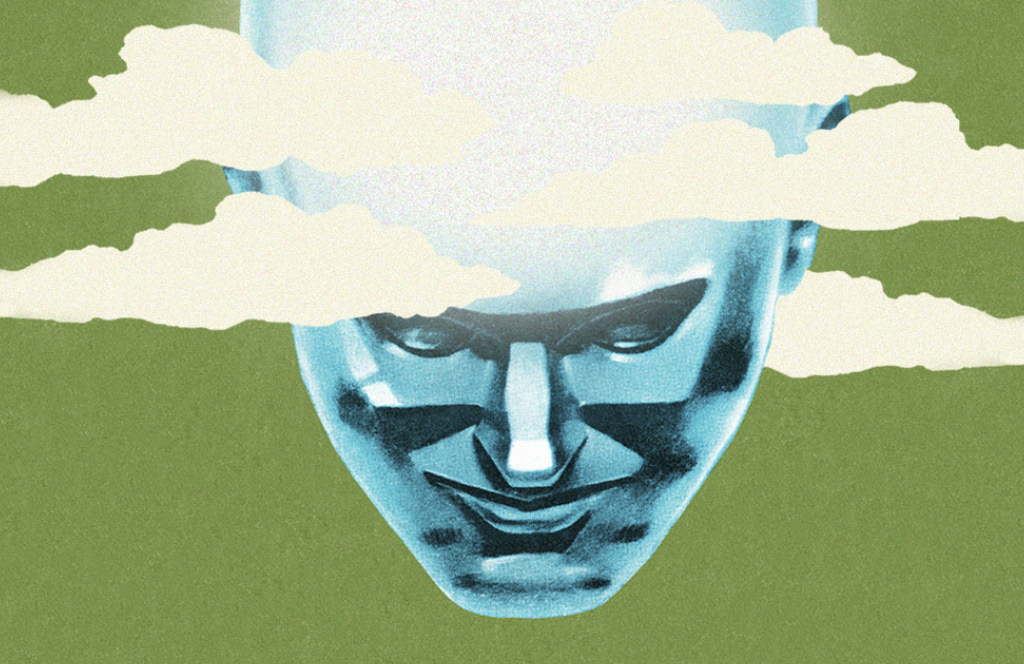 Uma ilustração de uma pessoa com uma nuvem no lugar onde está localizado o cérebro.