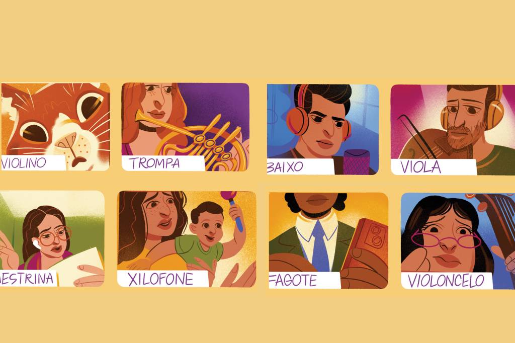 Ilustração de uma reunião online, via Zoom, de vários músicos de uma orquestra, nomeados pelos seus instrumentos, como Trompa, Baixo, Xilofone e Viola.