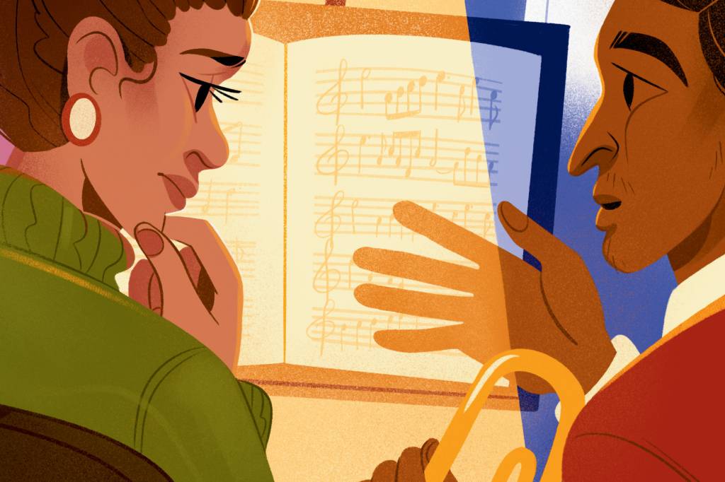 Ilustração de dois músicos conversando diante uma partitura, ambiente de escritório.