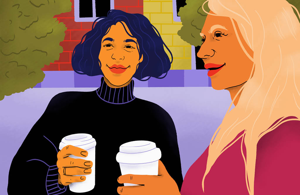 Ilustração de duas amigas tomando café em um parque.