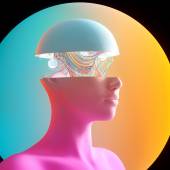 Imagem gerada digitalmente de uma cabeça multicolorida fatiada abstrata com conexões de spline em espiral dentro.