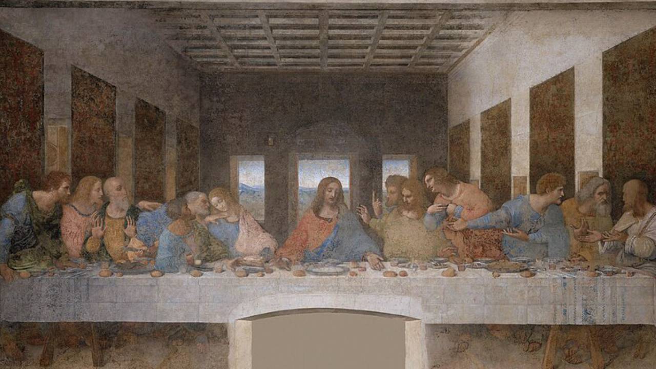 Afresco de A Última Ceia, provavelmente a representação mais conhecida da Última Ceia. 1498. Por Leonardo da Vinci, no Convento de Santa Maria delle Grazie, em Milão.