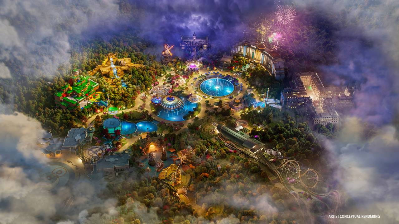 Ilustração do Epic Universe visto de cima