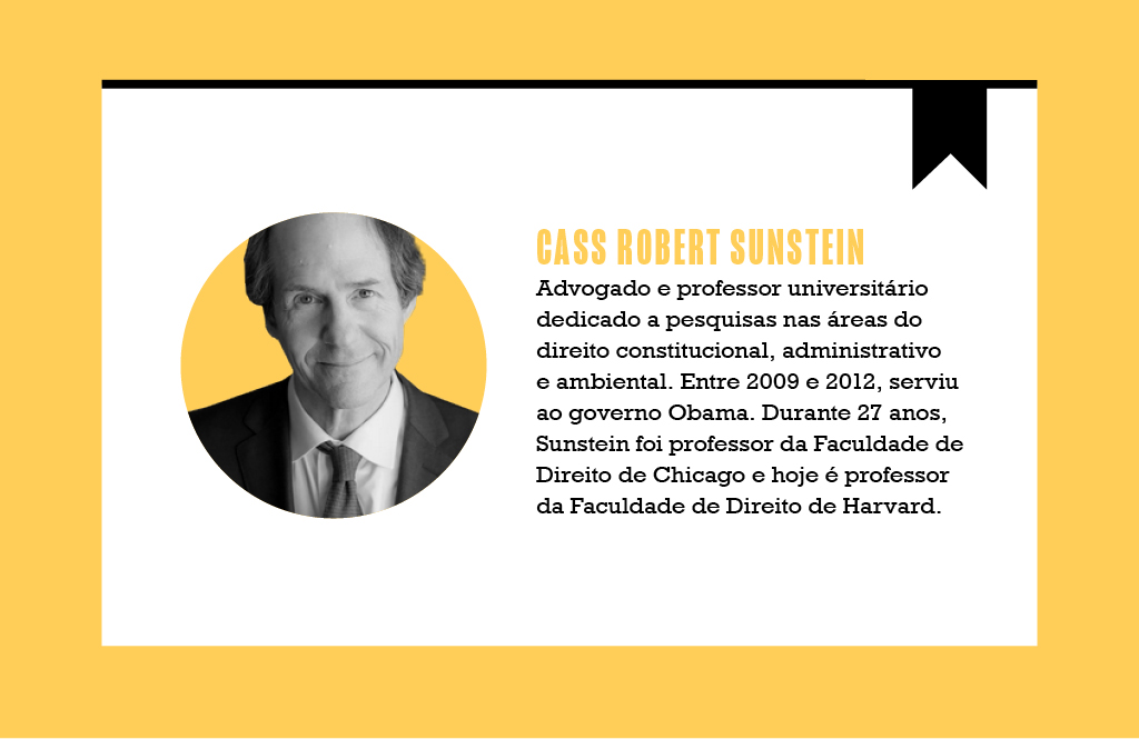 VOCESA_livro_Cass Robert Sunstein Montagem sobre reprodução de um homem com cabelos compridos vestindo um terno ao lado de um texto biográfico