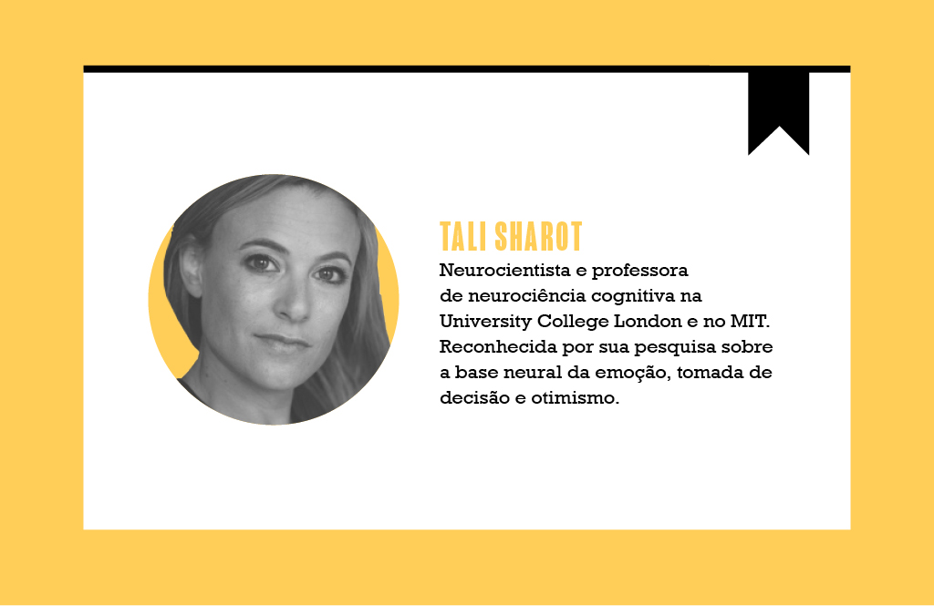 VOCESA_livro_Tali Sharot Montagem sobre reprodução de uma mulher com cabelos compridos ao lado de um texto biográfico